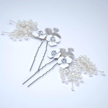 CZ Floral Showering Pearls Set of 2 Hair Pins Set , Faux Pearl Hair pins Set, Bridal Hair Accessories